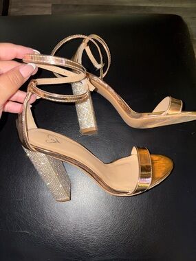 Women's Rose Gold Ankle-Strap Heels with Crystal Block Heel
